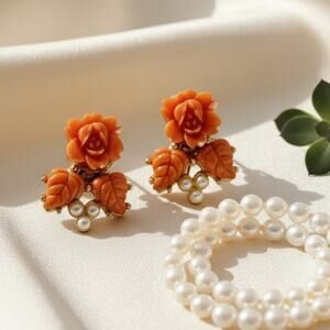 Vintage Orange Floral Carved Screw-Back Earrings with Faux Pearls Gold Tone